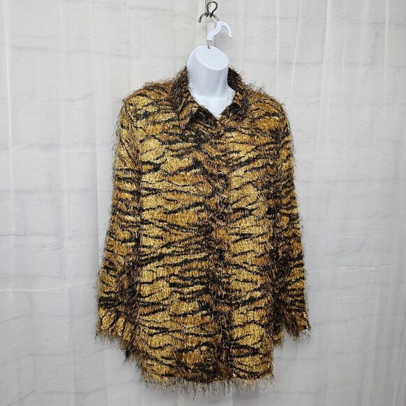 Vintage CDW Blouse Brown Tiger Stripe Eyelash Retro Grunge Sheer Retro XL - Picture 5 of 11